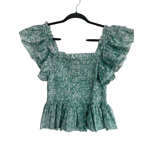 Love The Label Floral Smocked Ruffle Flutter Peplum Blouse Blue Women's Medium - Picture 1 of 4